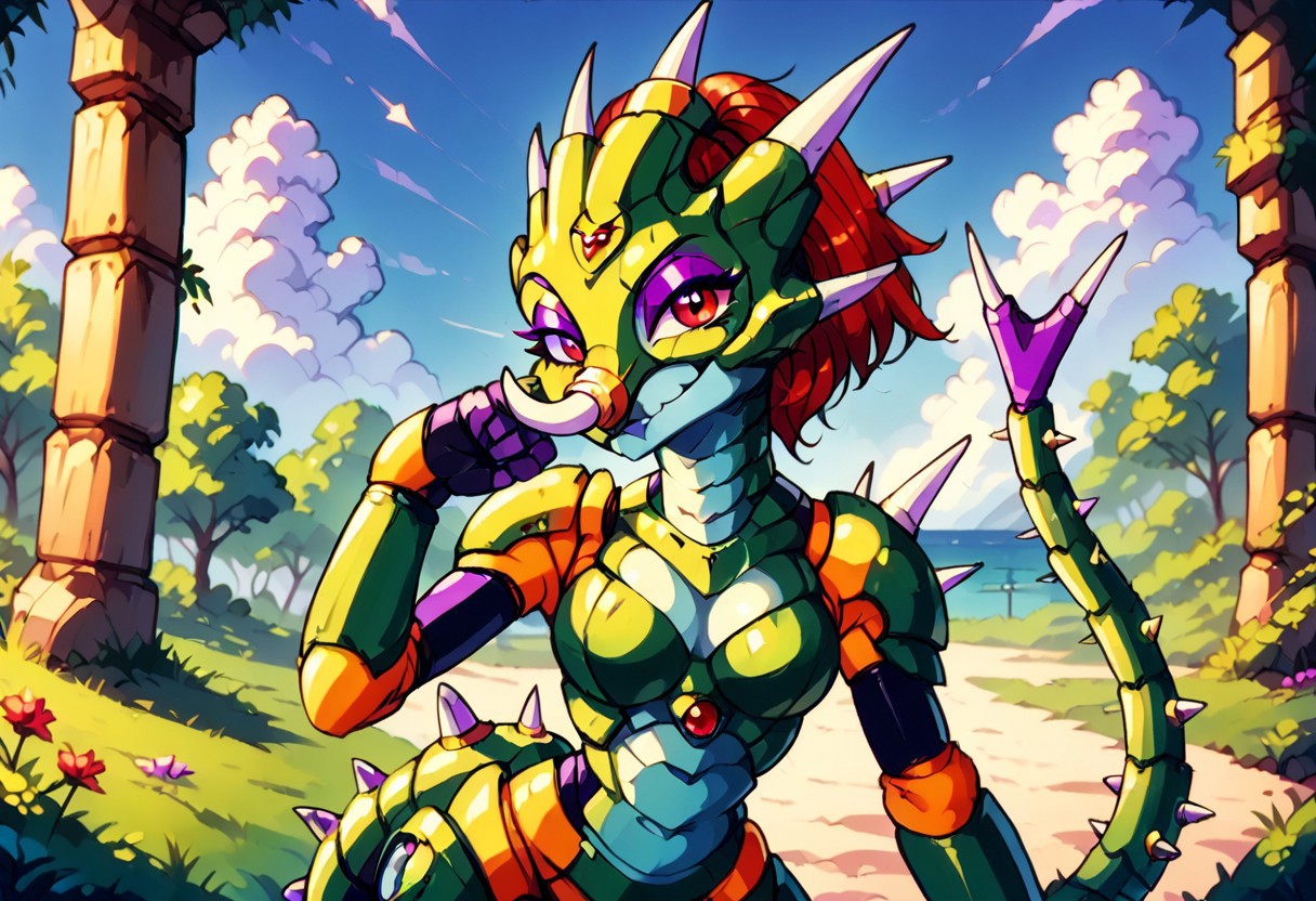 score_9, score_8_up, score_7_up, cowboy shot, sting chameleon, mmx, red eyes, spikes on tail, green armor, reptilian, reptile, armored animal, maverick, robotic, female, genderbending, sexy, looking at viewer, (breasts:1.2), smug smile, feminine eyelashes, blue skies, 1girl, (purple eyeshadow:1.6), hair, chameleon form, Artifyber_style, kind, calm, cute pose, no human, solo