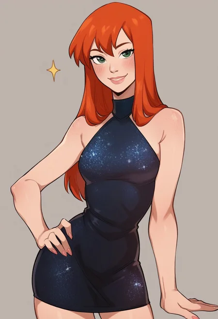 masterpiece,best quality, highly detailed, score_9, score_8_up, score_7_up, score_6_up,  , source_cartoon, BREAK, , 1girl, , Mary Jane, Marvel, green eyes, orange hair, 1girl, , blush,  , ,   looking at viewer, short dress, mini black dress, glitter on black dress, sparkling dress, bare shoulders, From front, one hand on hip, smile, looking at viewer, full figure, simple background, smile, good hands,
