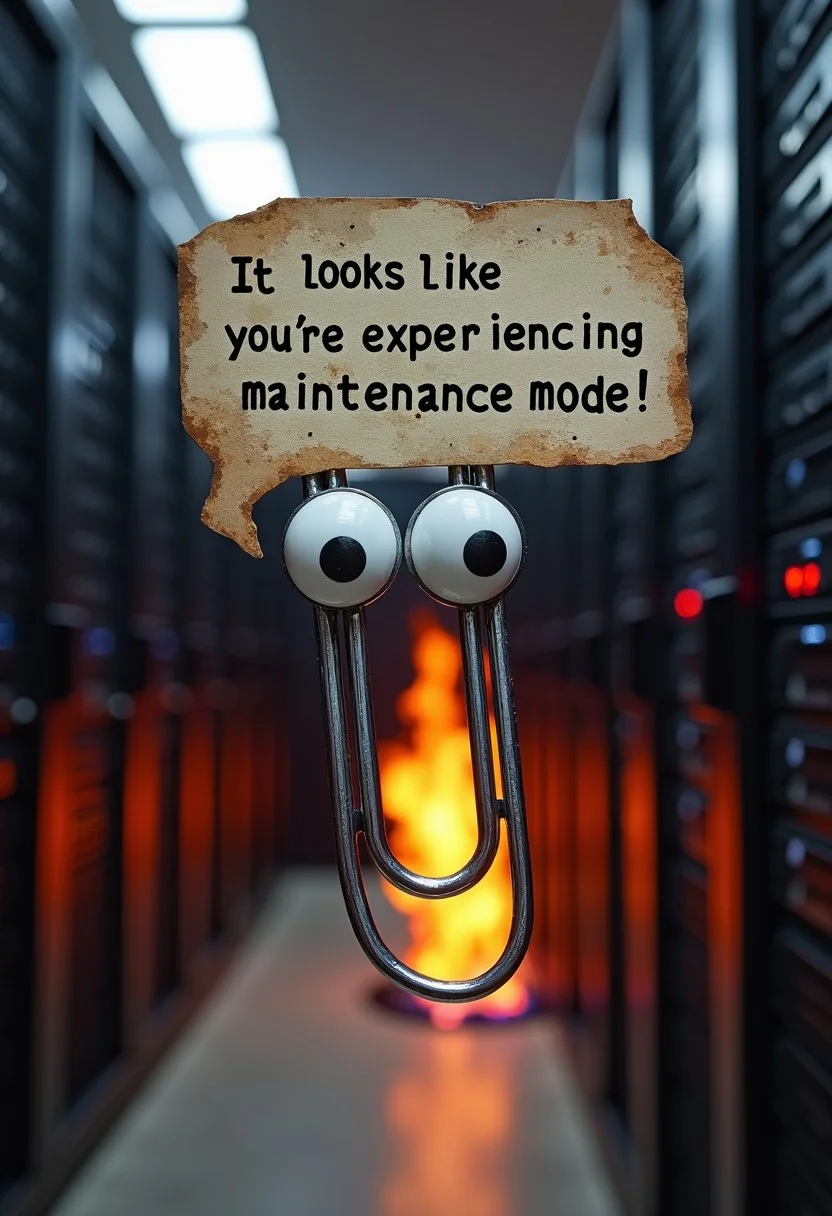 A metal paperclip with googly eyes, speech bubble "It looks like you're experiencing maintenance mode!", server farm background, servers on fire