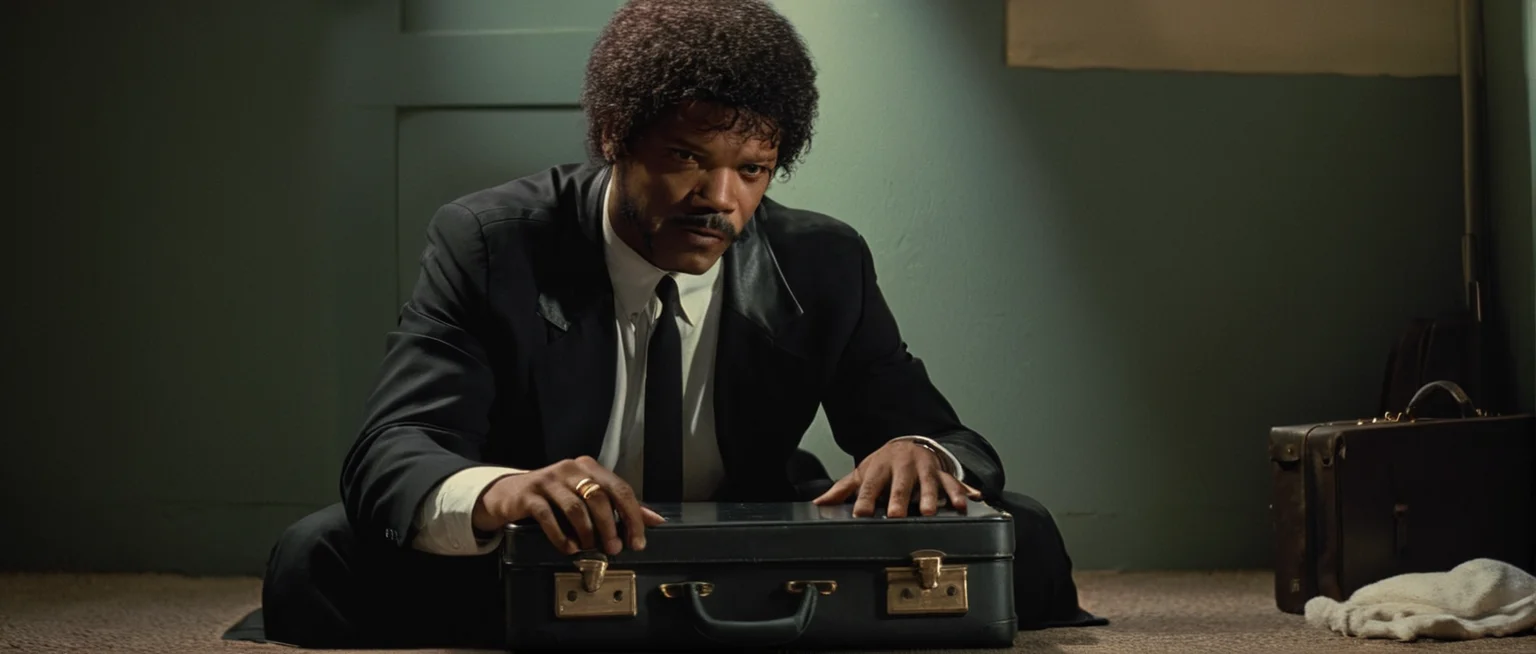 cinematic film still of  <lora:Pulp Fiction style:1>
Jules Winnfield a man is holding an open suitcase,black hair,1boy,holding,sitting,weapon,male focus,gun,facial hair,handgun,realistic,revolver , 1990's, 90's, film, cinematic, crime and violence, classic, graphic violence, Kodak film, motion picture image,Pulp Fiction style, Pulp Fiction Film style, shallow depth of field, vignette, highly detailed, high budget, bokeh, cinemascope, moody, epic, gorgeous, film grain, grainy
