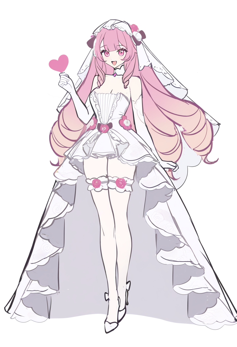 c3styl333, year 2024, masterpiece, best quality, newest, absurdres, highres, full body, white background, 1girl, wedding dress, bridal veil, strapless dress, white gloves, boquet, rose, pink hair, pink eyes, frills, drill hair, curly hair, extremely long hair, dynamic pose, hand out, gradient hair, bridal garter, thighhighs, lace, [[[sketch, unfinished]]], (long dress:1.2), slit dress, medium breasts, puffy dress, :d, hair between eyes, blunt bangs, thigh strap, detatched collar, white heels, high heels, white rose, bow, ribbon, heart, pastel colors