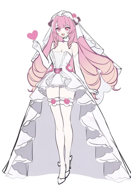 c3styl333, year 2024, masterpiece, best quality, newest, absurdres, highres, full body, white background, 1girl, wedding dress, bridal veil, strapless dress, white gloves, boquet, rose, pink hair, pink eyes, frills, drill hair, curly hair, extremely long hair, dynamic pose, hand out, gradient hair, bridal garter, thighhighs, lace, [[[sketch, unfinished]]], (long dress:1.2), slit dress, medium breasts, puffy dress, :d, hair between eyes, blunt bangs, thigh strap, detatched collar, white heels, high heels, white rose, bow, ribbon, heart, pastel colors