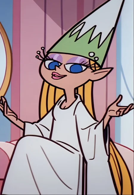 score_9, score_8_up, score_7_up BREAK QueenDD, 1girl, blonde hair, blue eyes, purple eyeshadow, pink lipstick, cleavaged white robe, white boots, green white princess cone hat, screenshot, official art, parody, cartoon footage, official design, screencap, cartoon screenshot, official screenshot, 2d, on model, full body, smiling at viewer, tall, long eyelashes,