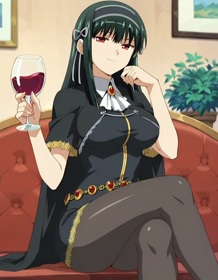 score_9,score_8_up,score_7_up,score_6_up,score_5_up,score_4_up,1girl, <lora:shinra_kuonji:0.75> shinra_kuonji,big breasts,hair band,smile,cape,brooch,black  dress, short sleeves, jewelry,pantyhose,black pantyhose,rest head,sitting,crossed legs,red wine,holding wine glass,anime screencap,