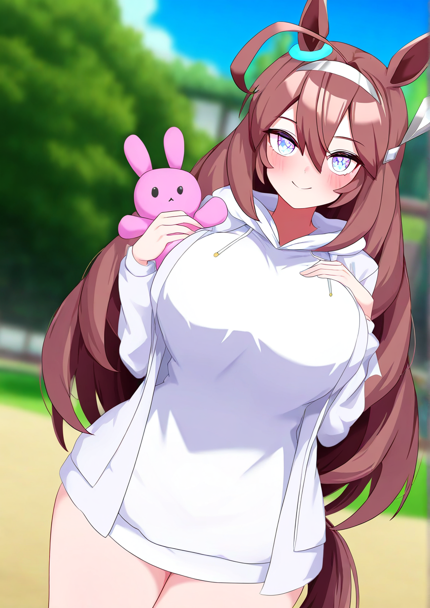 <lora:MaWe:1>,1girl, mihono bourbon \(umamusume\), huge breasts, wide hips, umamusume, ahoge, animal ears, blue eyes, blurry, blurry background, blush, brown hair, cowboy shot, day, depth of field, hair between eyes, hairband, holding, holding stuffed toy, hood, hood down, hoodie, horse ears, horse girl, horse tail, jacket, long hair, long sleeves, looking at viewer, open clothes, open jacket, outdoors, smile, solo, standing, stuffed animal, stuffed rabbit, stuffed toy, tail, white hoodie, white jacket, 
animated, dynamic angle,very awa, masterpiece, best quality, highres, absurdes,amazing quality,very aesthetic,intricate details,detailed background, <lora:hand 5.5:1>