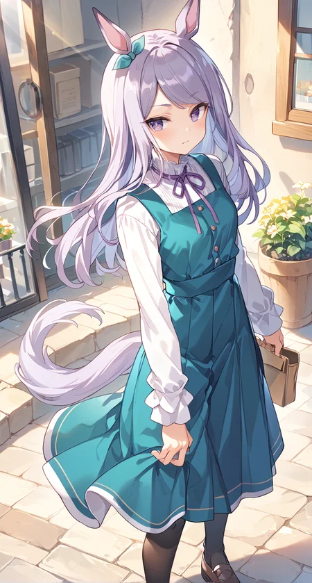 score_9,score_8_up,score_7_up,
official art,official style,game cg,megami magazine,
1girl,
mjm casual,mejiro mcqueen (umamusume),
animal ears,aqua dress,blue dress,green dress,dress,
highres,horse girl,purple hair,ribbon,shirt,tail,violet eyes,
white shirt,blush,ear ribbon,eyebrows visible through hair,eyes visible through hair,
long hair,long sleeves,neck ribbon,horse ears,horse tail,pinafore dress,black pantyhose,
purple eyes,swept bangs,purple ribbon,bangs,casual,green ribbon,pleated dress,alternate costume,
long dress,
standing,
<lora:umamusume_mejiro_mcqueen_pony_v1:1>,