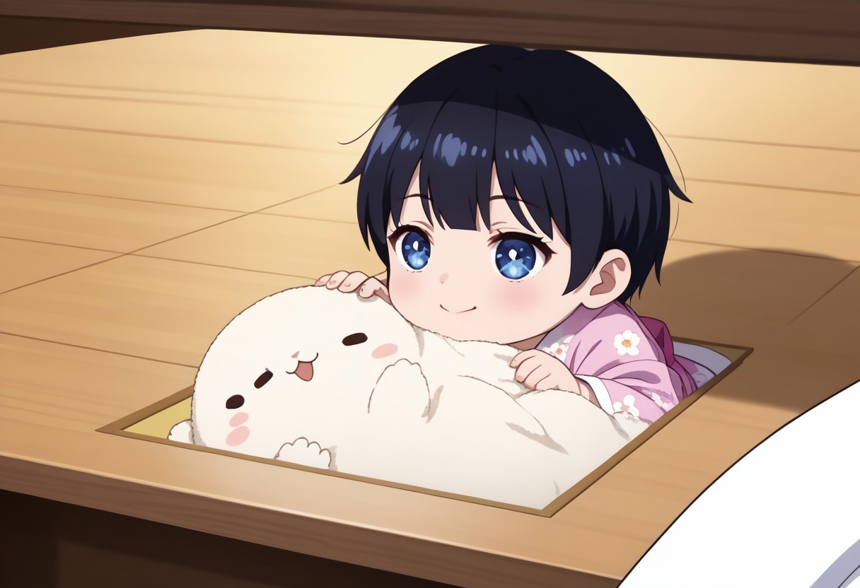 (ultra-detailed, ultra detailed), (master piece, best quality, high resolution), zPDXL, (score 9), (score 8 up), (score 7 up), (score 6 up:0.5), (high quality face), ultra quality face, (super detailed beautiful face), detailed face, beautiful eyes, detailed eyes, extremely detailed, source_anime, anime screencap, Anime Screencap, animation, (2D), score_9, 1girl, source_anime, 2d, (flat color), <lora:flat:0.4> blue eyes and short black hair chibi, happy baby, kimono,white handful, baby, crawling under table, himecut, fat chubby chibi, under table, side view, crawling, closing eyes,