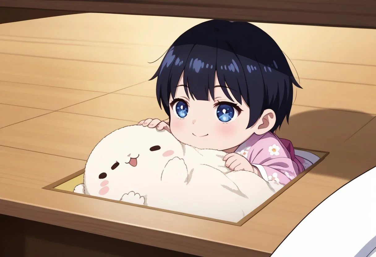 (ultra-detailed, ultra detailed), (master piece, best quality, high resolution), zPDXL, (score 9), (score 8 up), (score 7 up), (score 6 up:0.5), (high quality face), ultra quality face, (super detailed beautiful face), detailed face, beautiful eyes, detailed eyes, extremely detailed, source_anime, anime screencap, Anime Screencap, animation, (2D), score_9, 1girl, source_anime, 2d, (flat color), <lora:flat:0.4> blue eyes and short black hair chibi, happy baby, kimono,white handful, baby, crawling under table, himecut, fat chubby chibi, under table, side view, crawling, closing eyes,