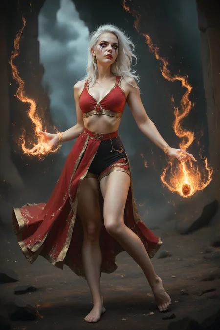characters\54lly, pyrokinesis, magic, flame, fire, glowing, zen style, lace crop top, matching lace shorts, sheer kimono, barefoot sandals, pinching cheek, stormy coast with crashing waves, score_9, score_8_up, score_7_up, 1girl, solo, head out of frame, <lora:characters\54lly:1.0>