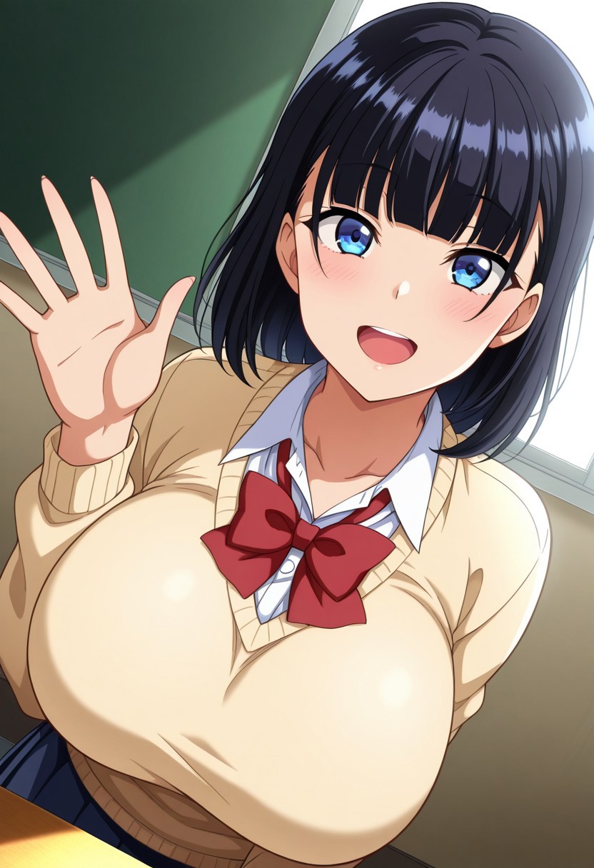 general,highres, ultra-detailed,very aesthetic,best quality ,best hands,best eyes,easynegative,
dynamic anglre, dutch angle, anime cloring,
1girl solo,looking at viewer,school, indoors, smile, open mouth, waving hand, 
Misao Takamine,black_hair, short_hair, blunt bangs, blue eyes, huge_breasts,school uniform
