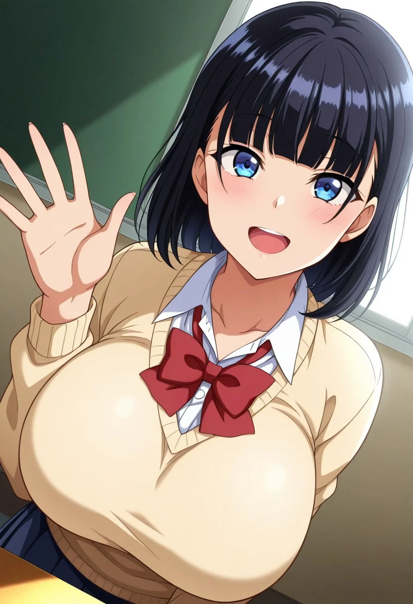 general,highres, ultra-detailed,very aesthetic,best quality ,best hands,best eyes,easynegative,
dynamic anglre, dutch angle, anime cloring,
1girl solo,looking at viewer,school, indoors, smile, open mouth, waving hand,
Misao Takamine,black_hair, short_hair, blunt bangs, blue eyes, huge_breasts,school uniform