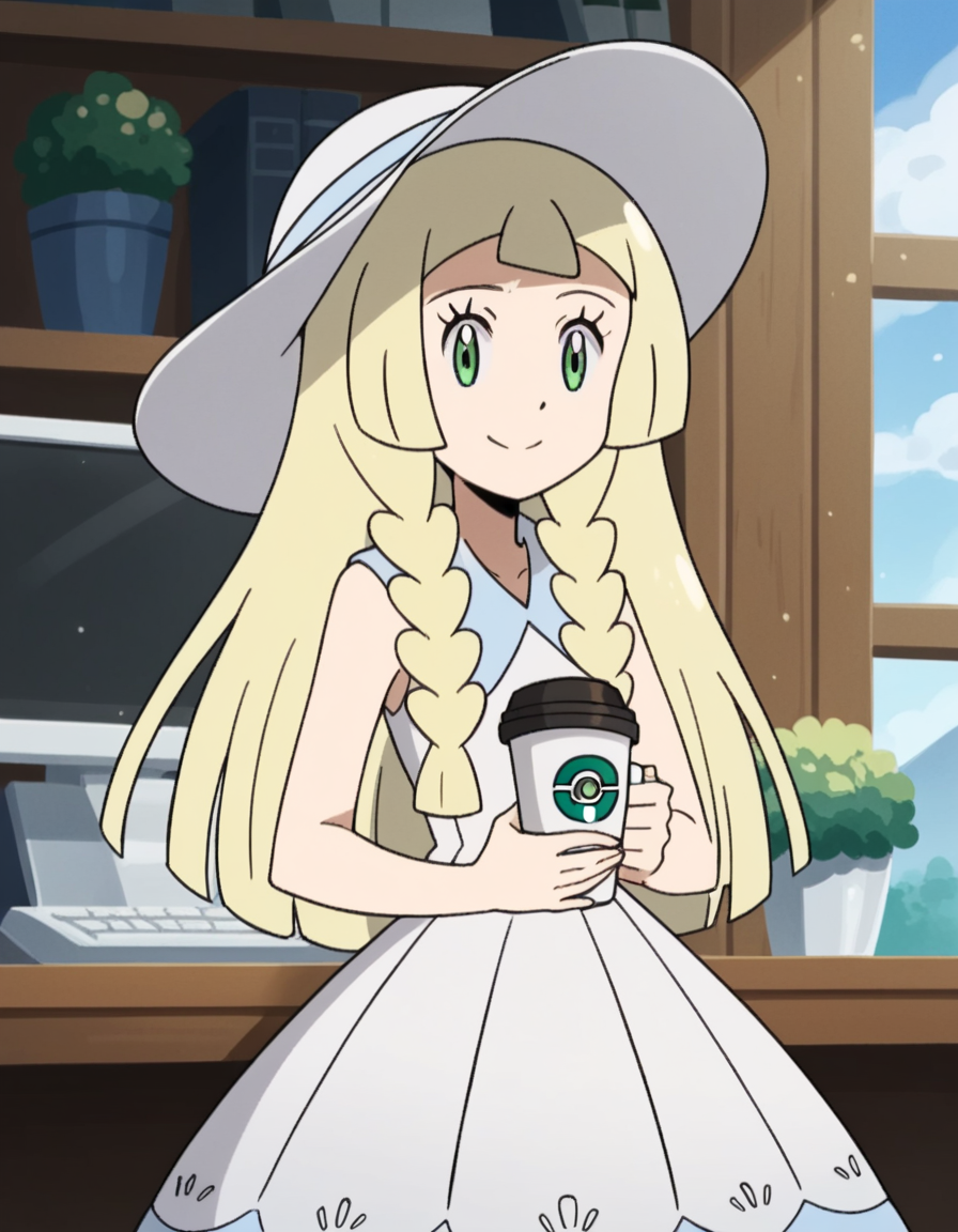 score_9, score_8_up, score_7_up, source_anime, <lora:pokemon-lilie-anime-ponyxl-lora-nochekaiser:1>, lillie \(pokemon\), blonde hair, blunt bangs, green eyes, long hair,, braid, collared dress, dress, hat, sleeveless, sleeveless dress, sun hat, sundress, twin braids, white dress, white headwear,, home office, working from home, computer screen, coffee cup, focus, deadline, smile, looking at viewer, solo,, cowboy shot, dutch angle