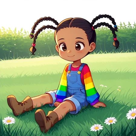 score_9, break, 1girl, three braids, rainbow sleeves, black hair, dark skin, overalls, sitting outside, grass, flowers, cute, natural lighting