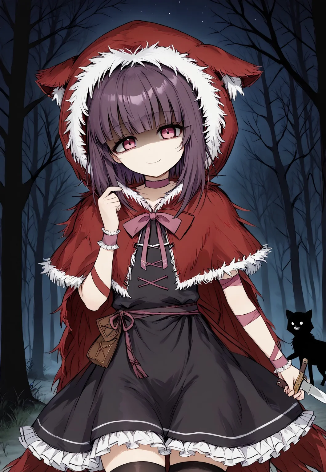 1girl, solo, highres, Shondo1st, bangs, pink eyes, brown hair, purple hair, medium hair, petite, sidelocks, flat chest, 

black dress, frilled dress, waist bow, pink bow, single wrist cuff, arm ribbon, pink ribbon, pink choker,

hood up, fur trim, cloak, hooded cloak, thighhighs, little red riding hood (grimm), hood,

looking at viewer, hand up, (holding dagger,) head tilt, evil smile, shaded face, yandere, black thighhighs,

forest, night, night sky, dark, backlighting, silhouette,