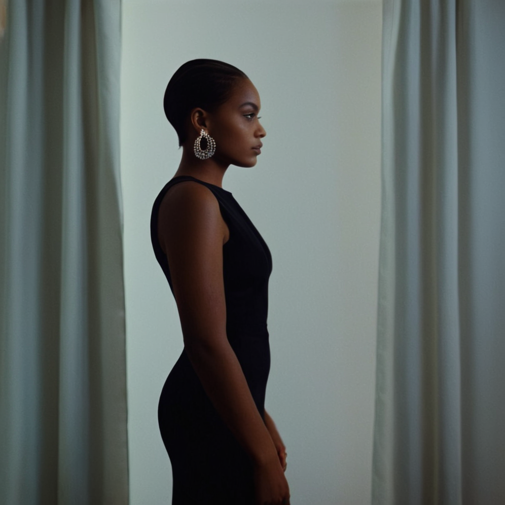 cinematic film still of <lora:add-detail-xl:0.1>1
<lora:detailed:0.3> realism
<lora:perfection style:0.2> perfect
<lora:eyetune:0.6>
<lora:xl_more_art-full_v1:0.1>
<lora:Ron Fricke style:0.3>
<lora:Unreal Engine style:0.3>
<lora:TeethXL:0.3>
<lora:Chiaroscuro Lighting Style:0.3> Chiaroscuro Lighting Style
 <lora:Television advertisement Hollywood Cinematic Film style:1>
A dramatic cinematic photographic image of a woman in a black dress standing in front of a curtain,1girl,solo,short hair,bare shoulders,jewelry,closed mouth,upper body,braid,earrings,sleeveless,indoors,dark skin,dark-skinned female,tattoo,piercing,door,locker , Commercial advertisement themed, sharp, detailed, epic photography, artistic, creative, dramatic light, cinematic style, Kodak film style, different lighting style, different color style, different background, different scene, different person, different people, different race, different gender, 8k resolution, Television advertisement Hollywood Cinematic Film style, shallow depth of field, vignette, highly detailed, high budget, bokeh, cinemascope, moody, epic, gorgeous, film grain, grainy