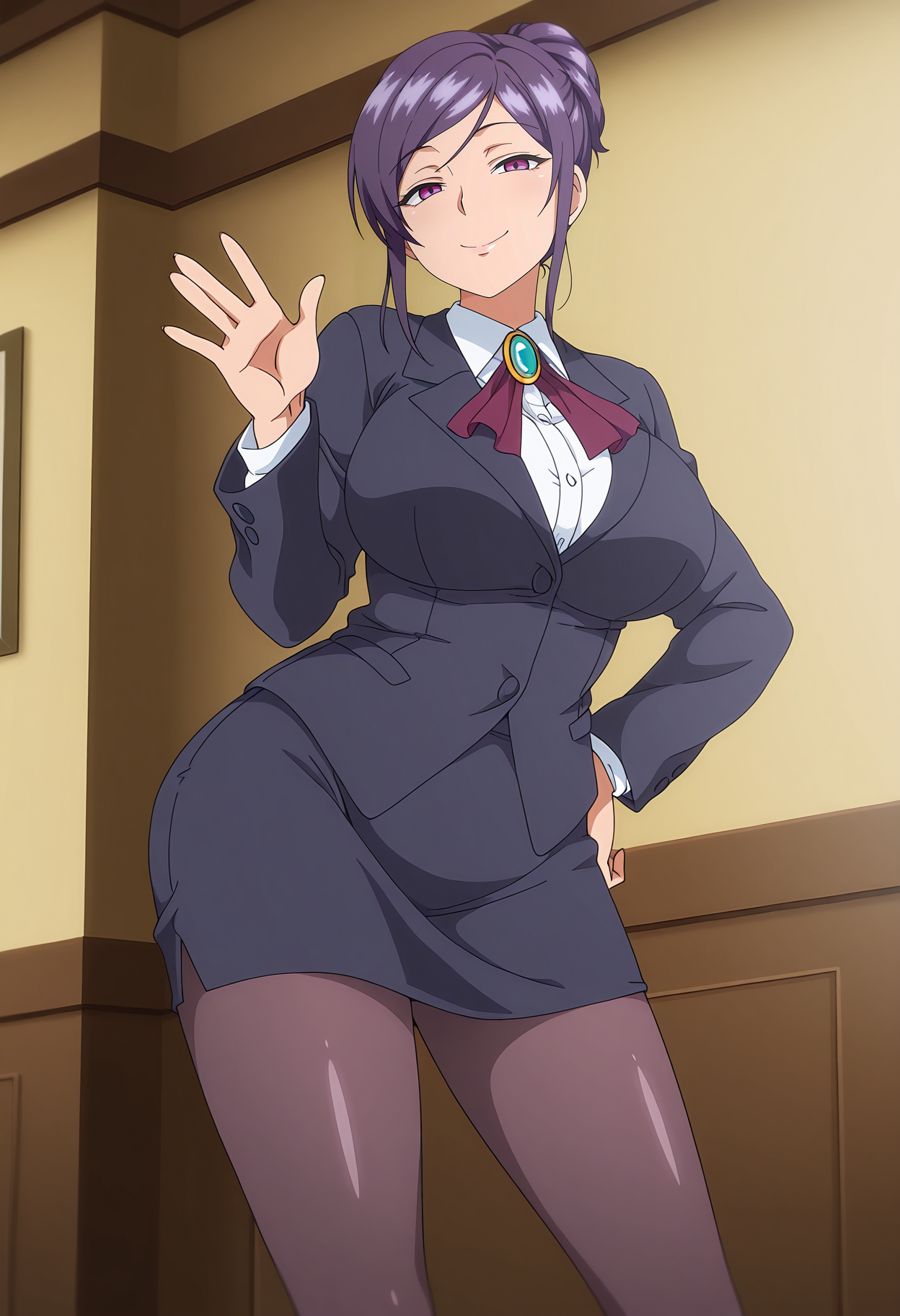 1girl,solo,mm,mature female,purple hair,purple eyes,large breasts,hair bun,single hair bun,anime coloring,
formal,jacket,blazer,pencil skirt,pantyhose,brooch,contrapposto, waving,hand on own hip, looking at viewer, smile,indoors
,masterpiece,best quality,amazing quality,<lora:Tomoe-moonflower:0.8>