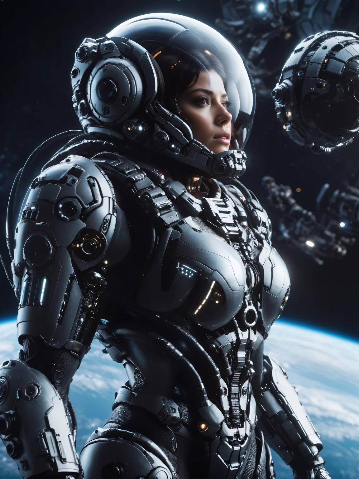 woman floating in space tethered to space ship operating machinery, scifi, heavy bodyarmor, helmet, clear visor, mad-hvybdyarmr, cinematic shot, dramatic lighting, masterpiece, best quality, ultra high res, (photorealistic, realistic:1.2), deep shadow, raw photo, film grain, Fujifilm XT3, 8k uhd, dslr