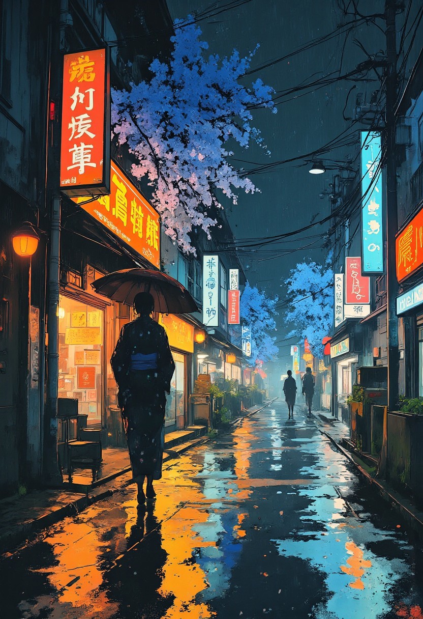 photorealistic image of a woman full body close to camera view walking with an umbrella on a rainy Japanese street when rain drops falling on it and the street road covered with blue sakura trees, adorned in a traditional kimono with white hair, illuminated by vibrant neon lights of shops next to the street road