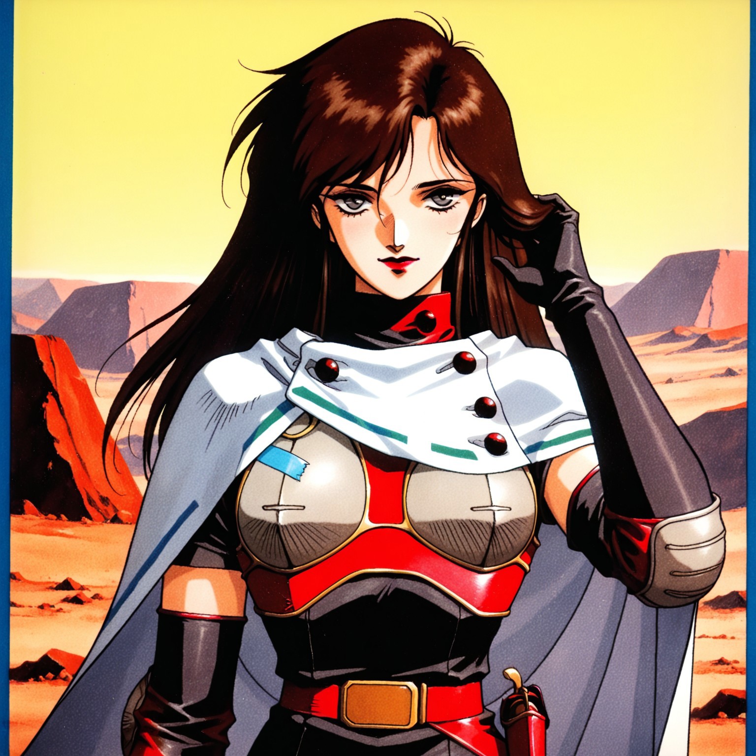 masterpiece, best quality, amazing quality,  retro artstyle, 1990s \(style\), traditional media, SMTHEROI, 1girl, medium hair, long hair, straight hair, brown hair, grey eyes, red lipstick, red neck armor, (white short cape, blue tape trim, buttons), (red breastplate, ((grey breast pads))), black camisole dress, short black sleeves, elbow gloves, grey elbow pads, red belt, holster, upper body, hand in hair, wasteland backdrop, yellow sky, pensive
