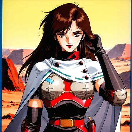 masterpiece, best quality, amazing quality,  retro artstyle, 1990s \(style\), traditional media, SMTHEROI, 1girl, medium hair, long hair, straight hair, brown hair, grey eyes, red lipstick, red neck armor, (white short cape, blue tape trim, buttons), (red breastplate, ((grey breast pads))), black camisole dress, short black sleeves, elbow gloves, grey elbow pads, red belt, holster, upper body, hand in hair, wasteland backdrop, yellow sky, pensive