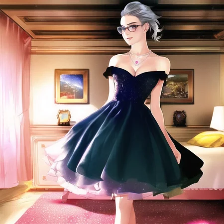 1girl, (realistic), highest quality, photo, (Full-body:1.2),(detailed face, detailed eyes), dynamic details, freckles:0.9,(medium breasts), silver hair, messy hair, dynamic, bedroom, bangs, ponytail, key necklace, glasses