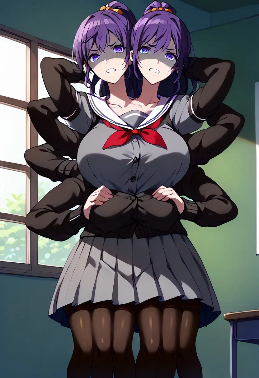 score_9, score_8_up, score_7_up, score_6_up, score_5_up, source_anime, masterpiece, best quality, (((hum4np3d3, 8 arms, multiarm, three heads, six legs))), futanari, multibreast, indoors, 
asahina_mafuyu, purple hair, purple eyes, blue eyes, gradient eyes, mossy ponytail, long hair, large breasts, official art, school uniform, pleated skirt, large breasts, black cardigan, grey shirt, open cardigan, black pantyhose, sailor collar, serafuku, open clothes, grey skirt, blue eyes, pleated skirt, white sailor collar, red neckerchief, ((black stockings)), standing,  very wide waist, looking at viewer, shaded face, disgusted face, arms behind head, (arms crossed), indoors, classroom, cowboy shot, <lora:StS_detail_slider_v1:4>, <lora:add-detail-xl:0.5>, <lora:hand 4:1>, <lora:feet v3:1>,  <lora:twoheads:1>