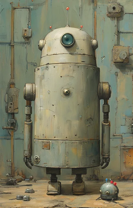 masterpiece,best quality,<lora:tbh161-sdxl:0.9>,illustration,style of Shaun Tan, portrait of Housework robots