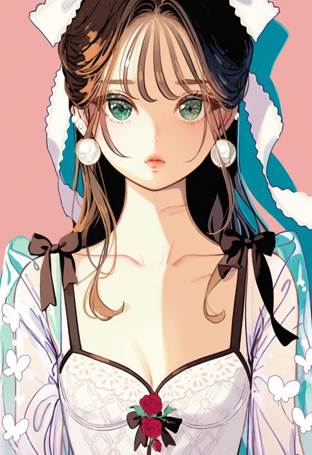 1girl, solo, brown hair, looking at viewer, jewelry, long hair, earrings, see-through, breasts, upper body, collarbone, ribbon, pink background, shadow, green eyes, white ribbon, expressionless, bow, small breasts, see-through sleeves, straight-on, cleavage, simple background, hair ribbon, bug, butterfly, rose, hair bow, flower,
BREAK,highres,absurdres,masterpiece,newest,best quality,Visual impact,very awa,very aesthetic,amazing quality