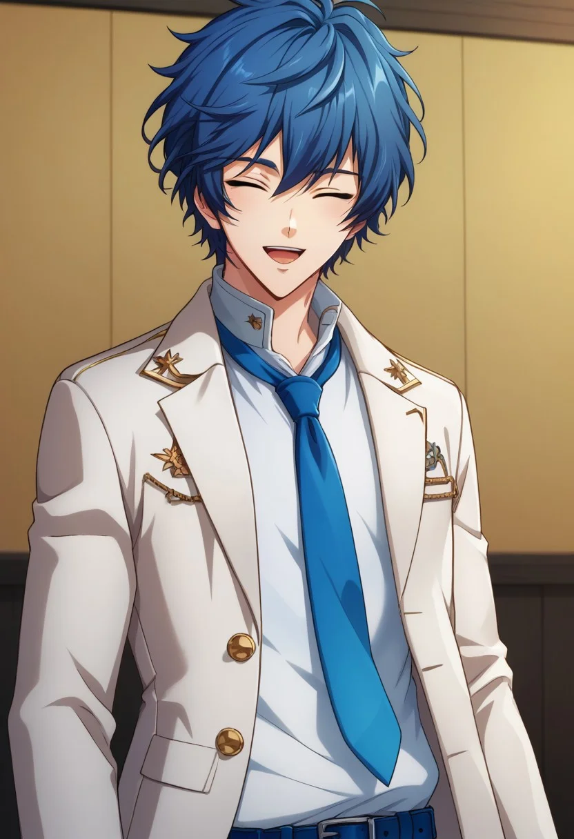 score_9, score_8_up, score_7_up, source_anime, highly detailed,
nanahoshi, 1boy, male focus, blue hair, closed eyes, solo, necktie, blue necktie, open mouth, jacket,
white jacket, high collar, smile, belt, looking at viewer, idol, upper body,
indoor, stage,