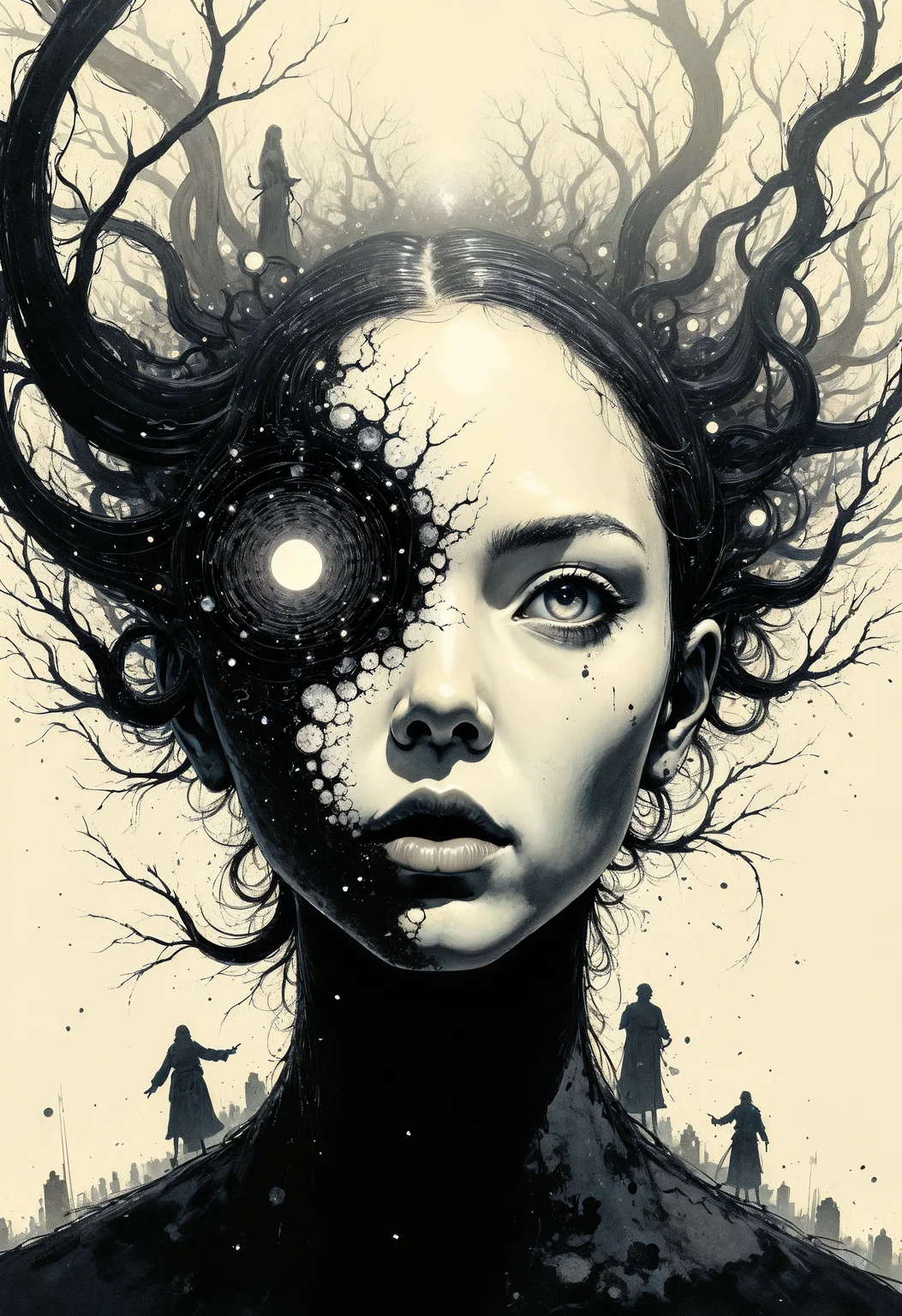 (in Otomo Katsuhiro style:1.2), masterpiece, high-quality, A woman with a porcelain mask for a face, one eye exposed and glowing with ancient energy, her long hair morphs into a swirling mix of ink and light forming faint figures that appear and disappear, shot from a low angle as if the viewer is looking up into her gaze, Style is Surreal portraiture with high-detail ink textures, minimalistic yet dramatic lighting, ethereal and haunting, (elaborate fine details:1.1), (hyperdetailed:1.1), (intricate details:1.0), (Refined details:1.1), (best quality:1.1), (high resolution:1.2), <lora:FLUX\artilands:0.6> <lora:FLUX\CPA:0.5>