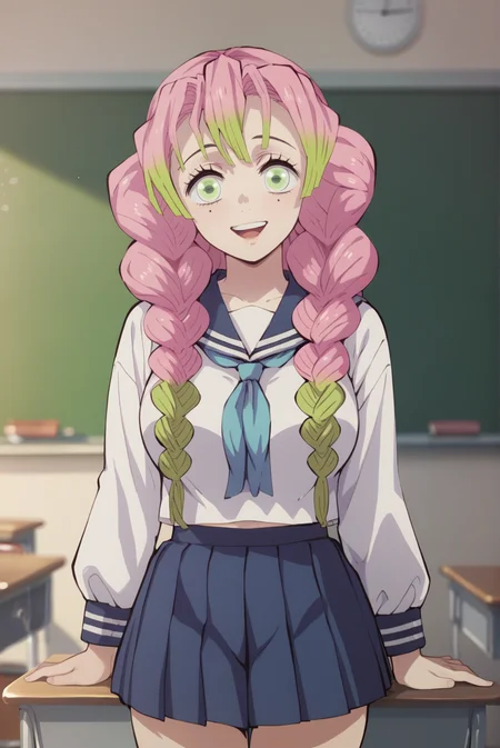 score_9, score_8_up, score_7_up, score_6_up, score_5_up, score_4_up, BREAK source_anime, 1girl, solo,
<lora:MitsuriXL-v1-05:0.8>, ChopioMitsuri, long hair, pink hair, green hair, twin braids, multicolored hair, green eyes, eyelashes, mole under eye, (looking at viewer:1.1),
large breasts,
white serafuku, blue sailor collar, white shirt, blue neckerchief, blue skirt, pleated skirt,
classroom, desk, chalkboard, standing, smile, seductive pose, open mouth,