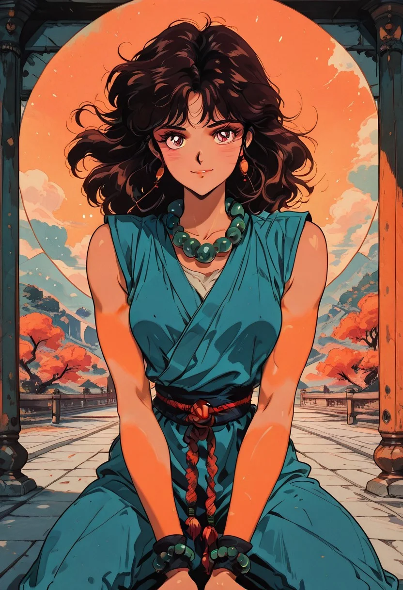masterpiece, best quality, good quality, very aesthetic, absurdres, newest, pinkretroanime, retro art, in the style of cksc, JeddtlIL, dynamic angle, dynamic pose, 1girl, detailed eyes, solo, monk, athletic, spiritual warrior, sleeveless gi, happy smile, prayer beads, serene training grounds, warm color palette