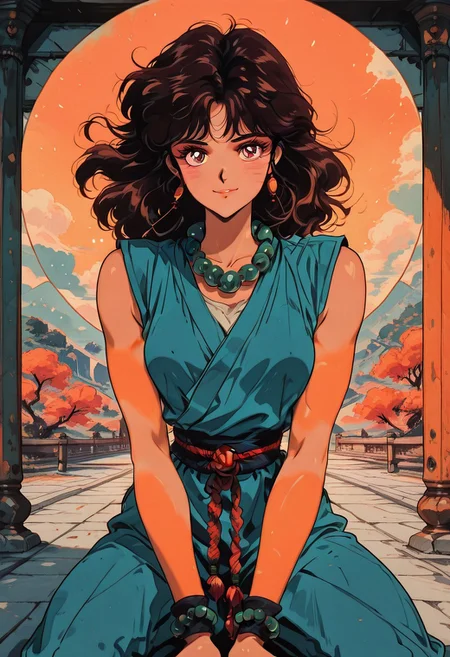 masterpiece, best quality, good quality, very aesthetic, absurdres, newest, pinkretroanime, retro art, in the style of cksc, JeddtlIL, dynamic angle, dynamic pose, 1girl, detailed eyes, solo, monk, athletic, spiritual warrior, sleeveless gi, happy smile, prayer beads, serene training grounds, warm color palette