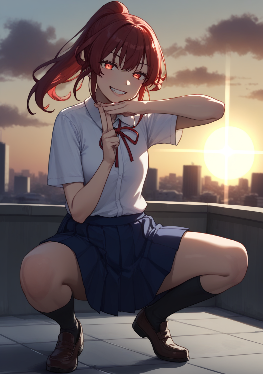 score_9, score_8_up, score_7_up, source_anime,high detail, detailed face,volumetric lighting,1girl,1girl,hiroe,red hair,ponytail,bangs,red eyes,tareme,droopy eyes,half-closed eyes,<lora:hiroe:1>,white shirt,collared shirt,short sleeves,blue skirt,pleated skirt,long skirt, school uniform,red neck ribbon,black socks,grin,long skirt, 
BREAK posing arms, hands make a T sign,full body,rooftop,sunset,backlighting,industrial area, <lora:Serpoian_Alien_True_Form_-_DanDaDan_-_Pony:1>