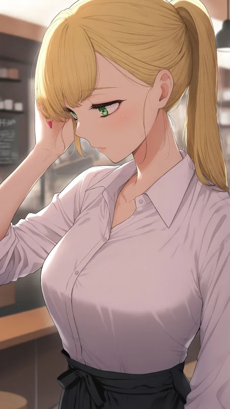 masterpiece, best quality, amazing quality, Smooth Quality,kakei hinako, ane no tomodachi, 1girl, solo, medium breasts, blonde hair, green eyes, gyaru, long hair, <lora:kakei_hinako_ane_no_tomodachi-illustrious-v-1-1:0.9>, shirt, long sleeves, ponytail, collared shirt, black apron, waist apron, hair behind ear, hand in own hair, cafe,