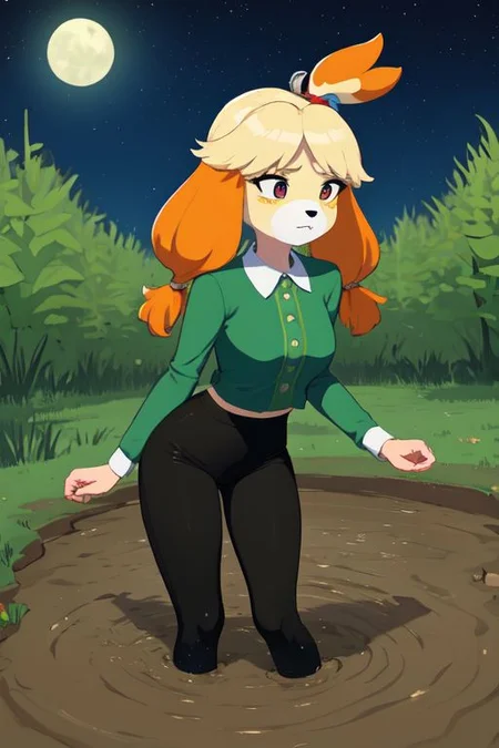 isabelle \(animal crossing\), (masterpiece, best quality:1.15), 1girl, solo, large breasts, high cheekbones, thick eyebrows, small mouth, looking to the side, leaning forward, adjusting clothes, tight leggings, green crop top shirt, starry nights, long hair, twin short braids, scared, partially submerged, struggling, farmland bog, chest deep