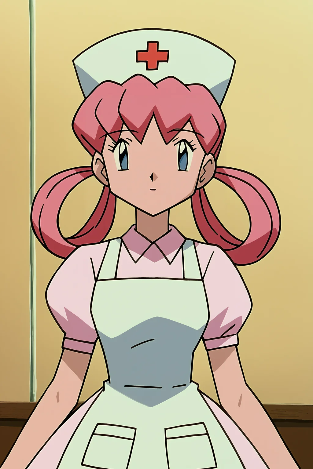 score_9,score_8_up, score_7_up, BREAK ict style,retro artstyle,joy \(pokemon\), 1girl, solo, pink hair, nurse, nurse cap, blue eyes,hair rings, pink dress,apron <lora:PokeMoviesPony:1>