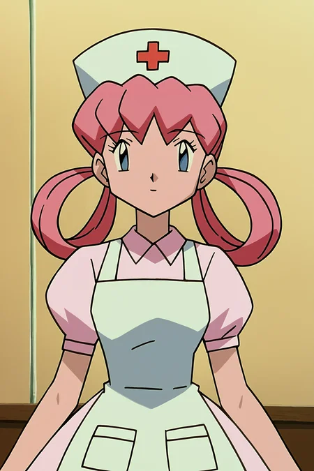 score_9,score_8_up, score_7_up, BREAK ict style,retro artstyle,joy \(pokemon\), 1girl, solo, pink hair, nurse, nurse cap, blue eyes,hair rings, pink dress,apron <lora:PokeMoviesPony:1>