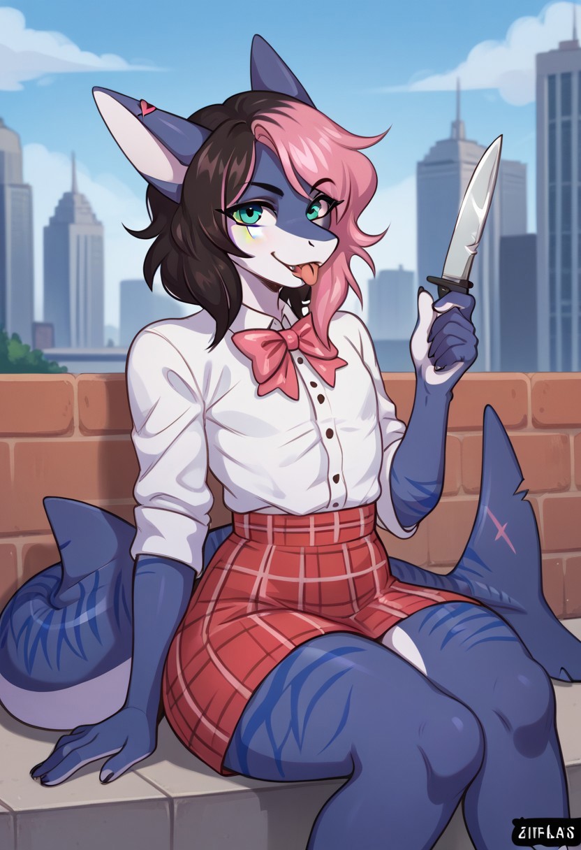 ziffir_stylepxl,score_8_up, score_7_up, solo, moonlitepxl, femboy,solo, anthro shark,medium hair, multicolored hair, dark hair, pink hair,bow, stripes on body, turquoise eyes, shark tail, blue body,BREAK, white shirt, red plaid skirt, bow tie, large hunting knife, licks knife with tongue, predatory look, looks at viewer, smug, sits on steps, city hall building in background,