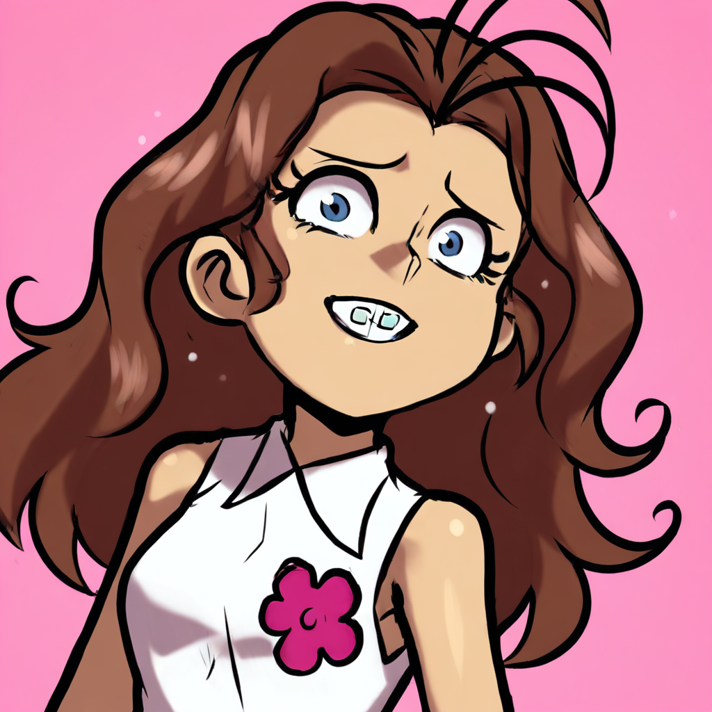 LuanLoudJcm2, 1girl, light skin, light skinned female, long brown hair, messy hair, white shirt, sleeveless collared shirt, pink flower on shirt, bucktooth with braces, blue eyes, black eyebrows, standing