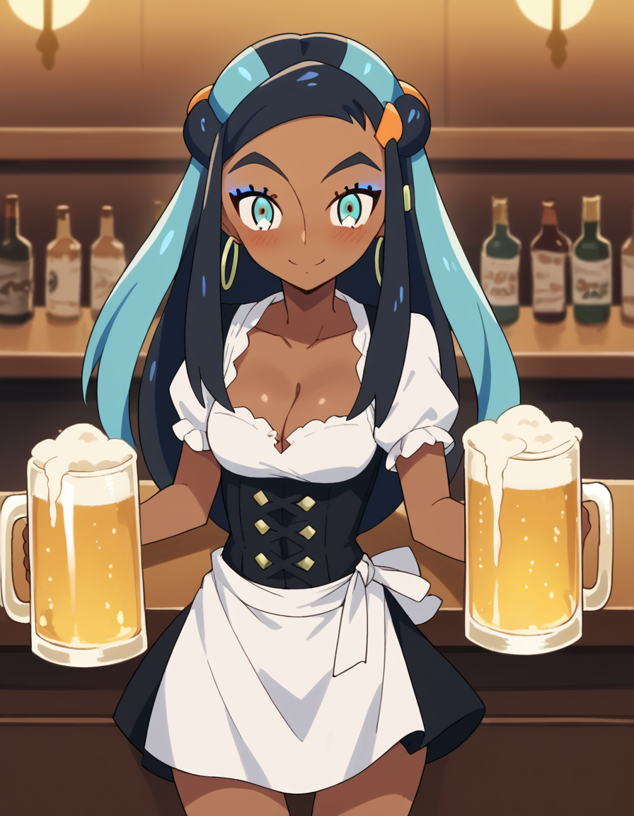 score_9, score_8_up, score_7_up, source_anime, <lora:pokemon-nessa-twilight-wings-ponyxl-lora-nochekaiser:1>, pokemonnessa, aqua eyes, eyeshadow, dark skin, dark-skinned female, hair bun, hair ornament, makeup, long hair, sidelocks, single hair bun, thick eyebrows, black hair, aqua hair, streaked hair,, <lora:dirndl-ponyxl-lora-nochekaiser:1>, dirndl, german clothes, beer mug, collarbone, cleavage, beer, underbust, waist apron,, indoors, bar, smile, blush,, , cowboy shot, dutch angle
