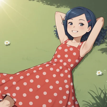 score_9, score_8, score_9, BREAK, dotcomet, blue hair, hairclip, polka dot dress, lying on back, smile, hands behind head, grass, outdoors, sunlight, shadow