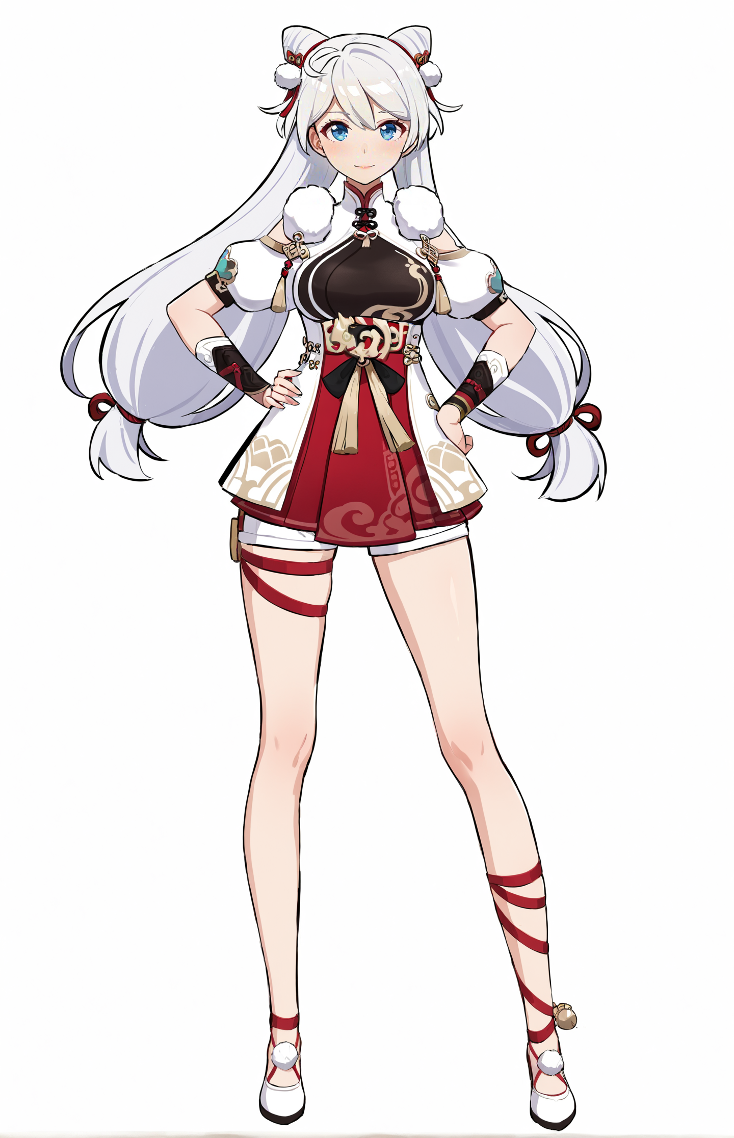 score_9, score_8_up, score_7_up, score_6_up, 8k, best quality, masterpiece, (ultra-detailed:1.1), (high detailed skin), 
(full body), (white background:1.1), standing, looking at viewer, (solo), hand on hip, 
<lora:kiana-young-kohaku-Tanger-000011:0.8>, kiana kaslana, xuetu, 10th clothes, 1girl, blue eyes, white hair, bangs, long hair, double bun, 
(beautiful_face), ((intricate_detail)), clear face, 
((finely_detailed)), fine_fabric_emphasis, 
((glossy)), full_shot,