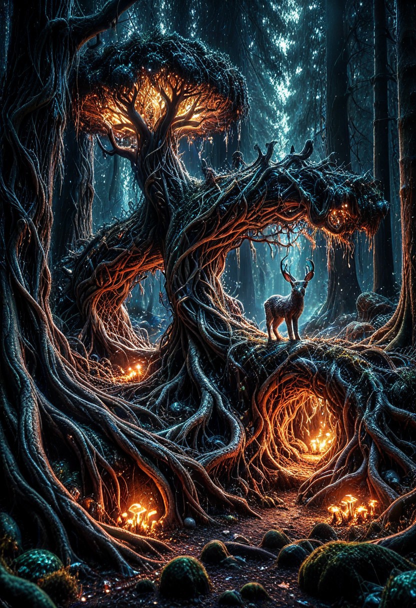 ,(cat:1.2), A sprawling forest at dusk where gigantic tree roots twist above ground, entwining to form the silhouette of a deer, with glowing mushrooms illuminating the scene, ethereal and magical atmosphere, high detail. .,masterpiece, best quality, newest, absurdres, highres, safe,morph-treeroots