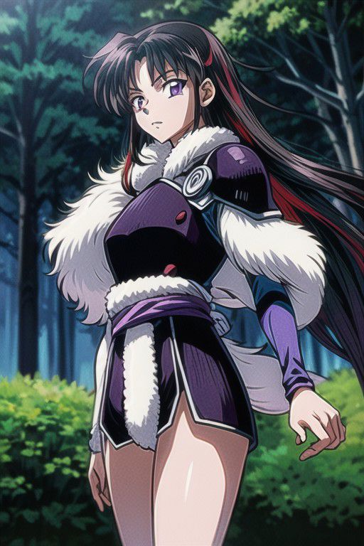 masterpiece,  best quality 1girl Setsun4 solo long hair,  (night time) forest background black hair very long hair purple eyes multicolored hair armor (fur trim) (medium body),<lora:EMS-179-EMS:0.800000>,<lora:EMS-293862-EMS:0.800000>