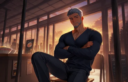 <lora:Lifeline_Style_V2_Illu_Edition-000015:1>, (llv2-illu), ((sitting with arms crossed and one leg stretched out, ramen shop, v-neck sweater, silver hair, evening, Over-the-shoulder shot))
looking at the viewer, cowboy shot, 
(very short hair, beard, bara, mature, facial hair, stubble, beard, full beard, sideburn, beard, a lot of beard, ), facial hair,male focus, muscular male, muscular male, bara, mature,  bara, mature, aixiwuganda_(20222192), very awa, masterpiece, best quality, absurdres, newest, perfect quality, detailed background, intricate details,
<lora:slider_Body Type_alpha1.0_rank4_noxattn_last:3><lora:Anime Summer Days 2 Style SDXL_LoRA_Pony Diffusion V6 XL:.6><lora:slider_cfg_scale_boost:.7><lora:Artist6p:.55>, Artist6p, Artist04p,<lora:slider_il_brightness_slider_d1:-1><lora:slider_il_contrast_slider_d1:-1><lora:slider_DarkSlider1.2_alpha1.0_rank16_full_300steps:-.6>