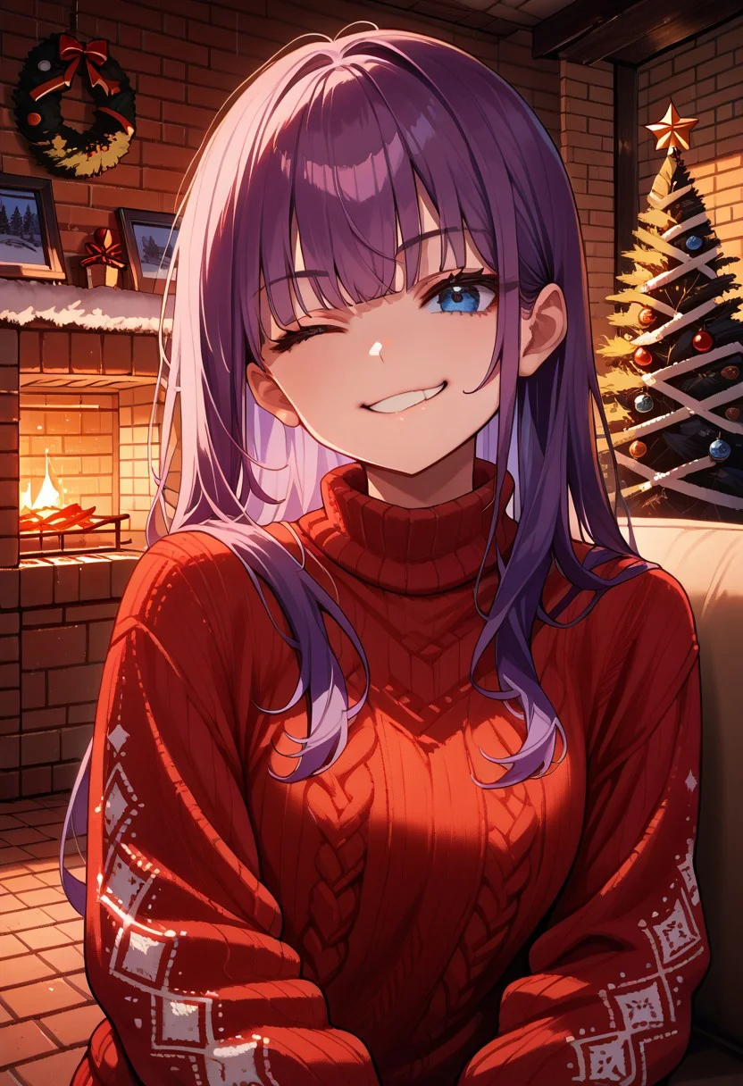 score_9, score_8_up, score_7_up, source_anime, head and shoulders portrait, 1girl, long violet hair, red and white knit sweater, knit sweater, long hair, wink, blue eyes, smug, smirk, chrlib, indoors, living room, night, brick oven, christmas tree, christmas ornaments,