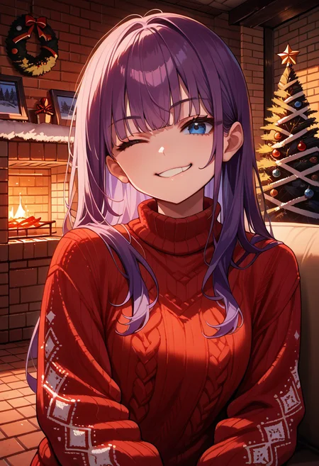 score_9, score_8_up, score_7_up, source_anime, head and shoulders portrait, 1girl, long violet hair, red and white knit sweater, knit sweater, long hair, wink, blue eyes, smug, smirk, chrlib, indoors, living room, night, brick oven, christmas tree, christmas ornaments,