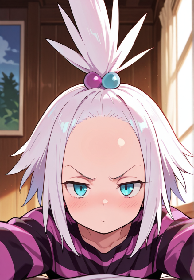 masterpiece, best quality, amazing quality, very aesthetic, absurdres,  newest, detailed background,
roxie, 1girl, topknot, forehead,
 <lora:Roxie_-_Pokemon_Illustrious:1>