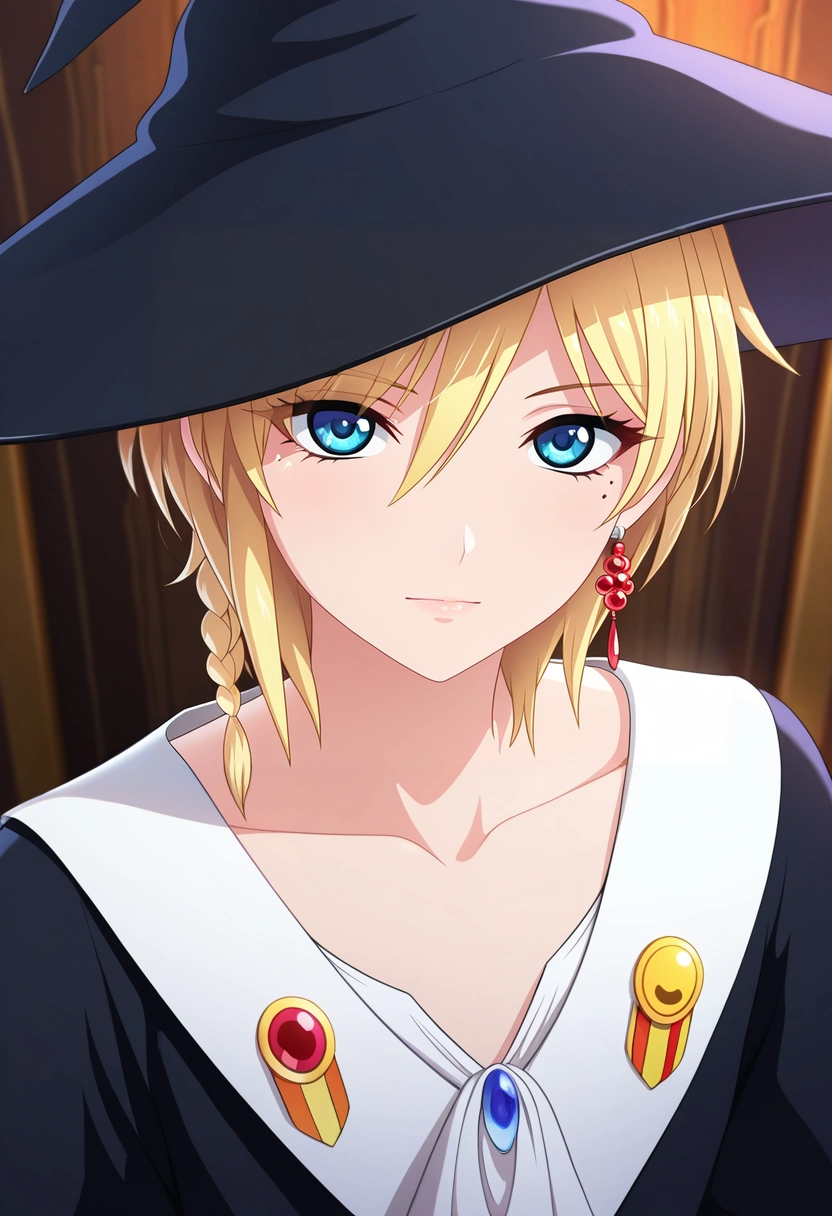masterpiece, best quality, , (3d:0.4), looking at viewer, 1boy, solo, male focus, <lora:titus_alexius_ilxl:0.9>, titus_alexius, blonde hair, blue eyes, short hair, braid, mole, mole under eye, earrings, witch hat, ,